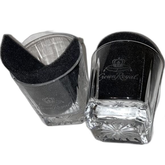 CROWN ROYAL Whiskey Lowball Rocks Etched Starburst Glasses 12 oz Set of 2 - Picture 1 of 9